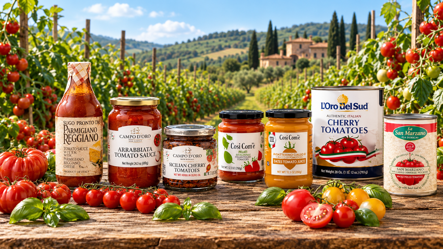 Italian tomato sauces, cherry tomatoes and San Marzano tomatoes displayed on a tomato farm.