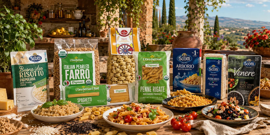 Italian pasta, Arborio and Venere rice, pearled farro and prepared Mediterranean dishes.