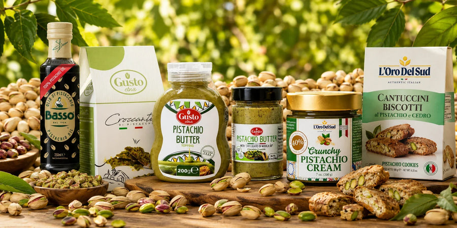 Italian pistachio oil, butter, crunchy cream and pistachio biscotti displayed in an orchard.