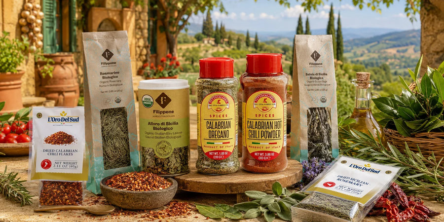 Italian herbs and seasonings including oregano, bay leaves, rosemary and Calabrian chili.