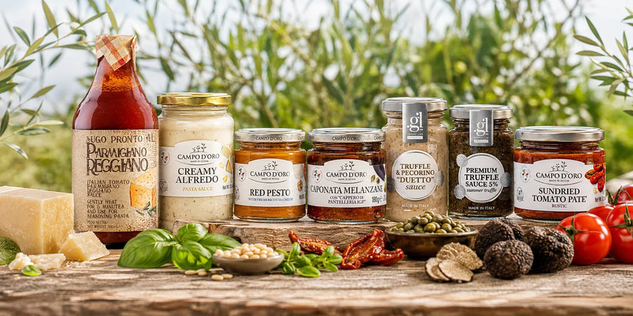 Italian pasta sauces, red pesto, sundried tomato pâté and premium truffle sauces.