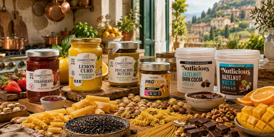 Italian strawberry jam, lemon curd, pistachio butter and Nutlicious hazelnut spreads.