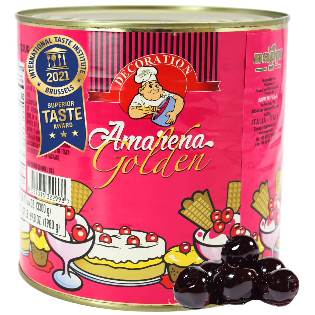 Amarena Cherries in Syrup, Foodservice, 7.2 lb / 3.3 kg, Cocktail Cherries, Italian Cherry for Premium Cocktails and Desserts, Superior Taste Award Winning 2022, Amarena Golden in Syrup in Can, Nappi 1911