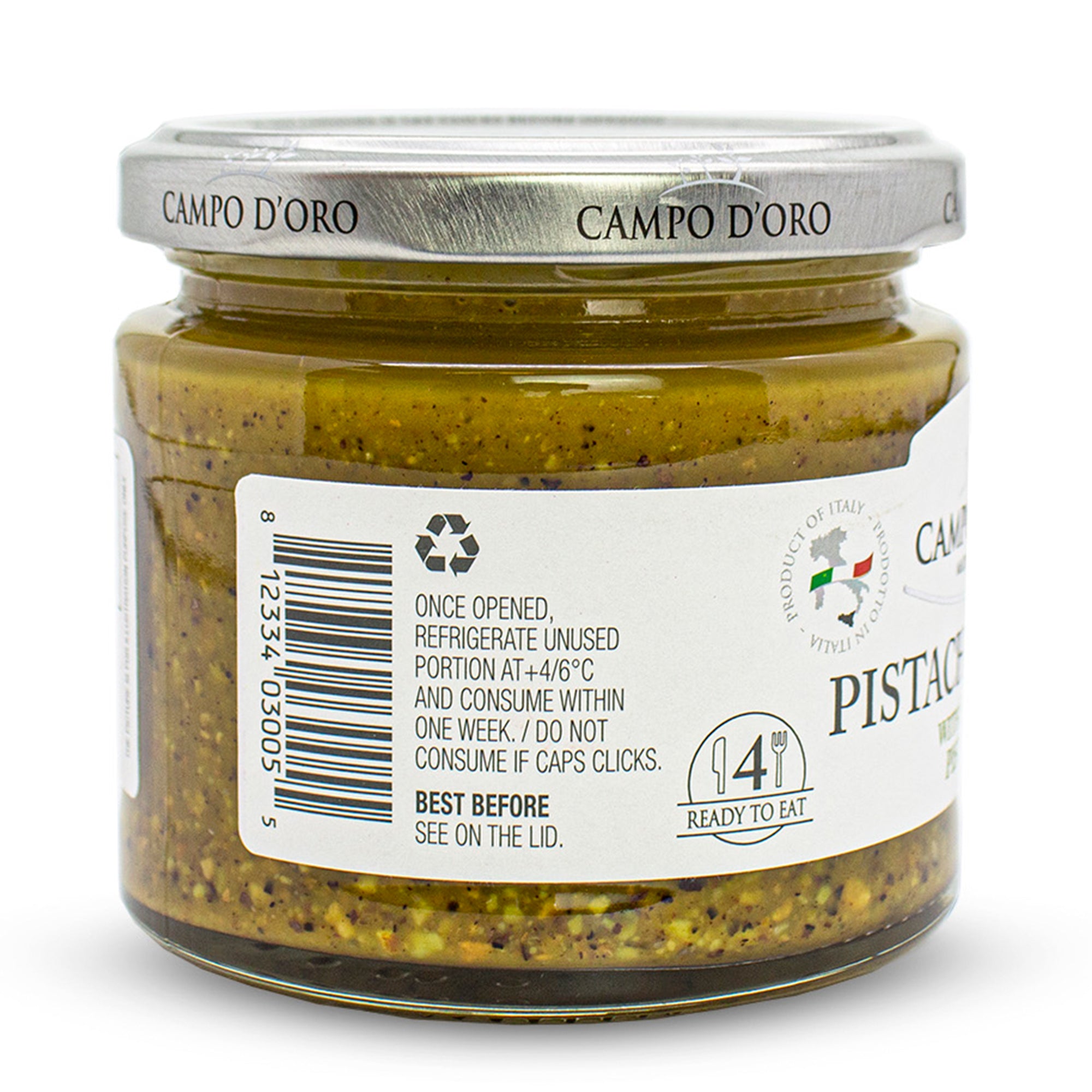 Campo D'Oro, Pistachio Pesto, Sicilian Pesto Sauce, Savory, Creamy, Spreadable, Paste, Glass jar 6.35oz, directly form Sicily, Italia.