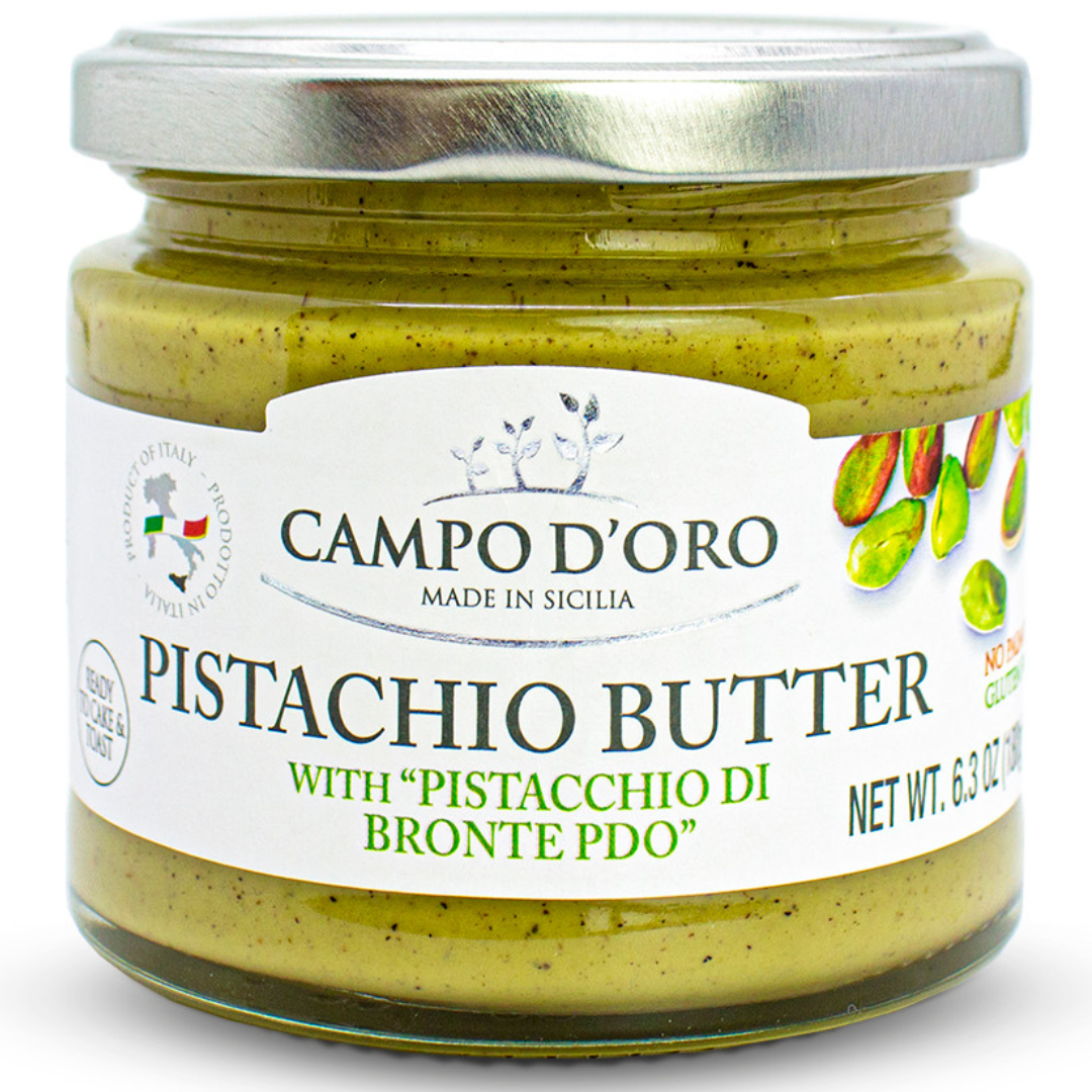 Pistachio Nut Butter, 6.35 oz (180g) Sweet Pistachio Cream Spread , Made with Pistachios from Bronte Sicily, Product of Italy, No Preservatives, No Palm Oil, Campo D'Oro