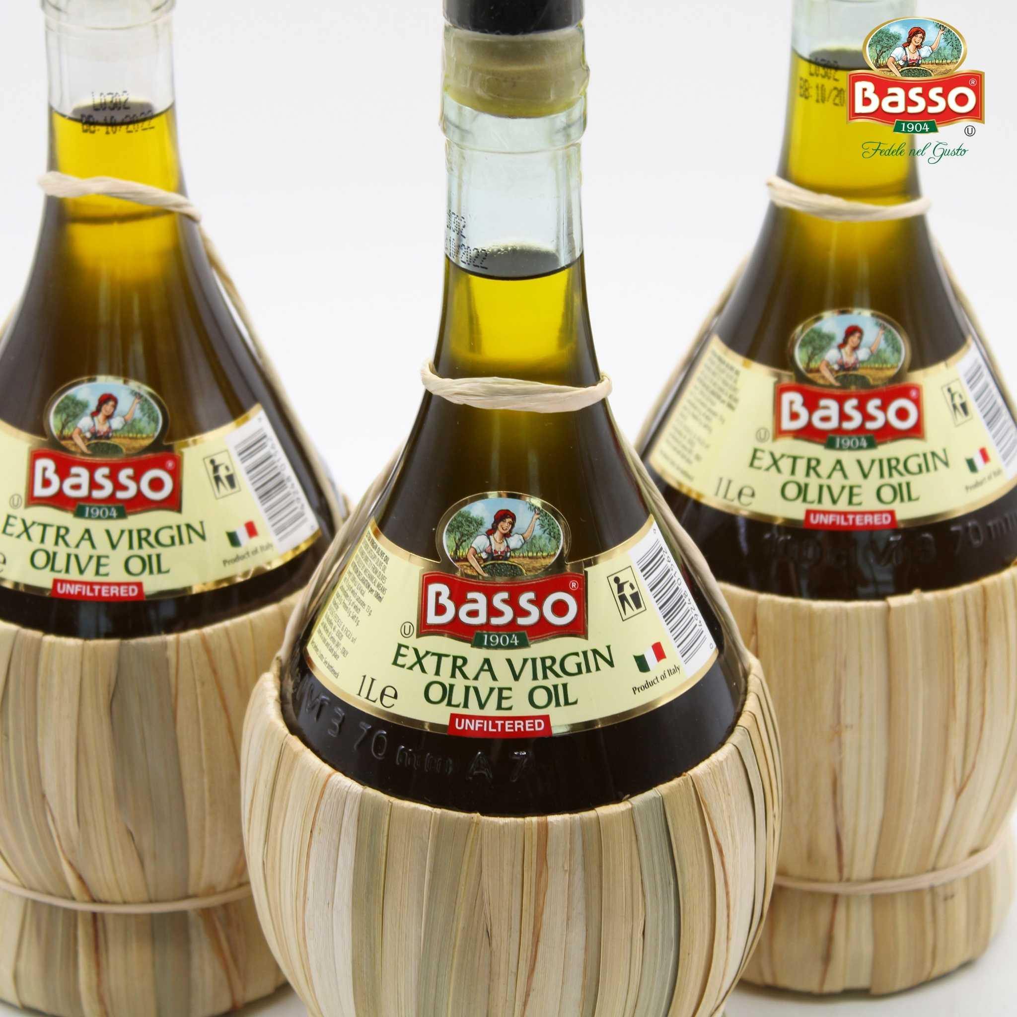 Basso Unfiltered "Premium" First Cold Pressed" Extra Virgin Olive Oil (Wicker / Straw Basket)