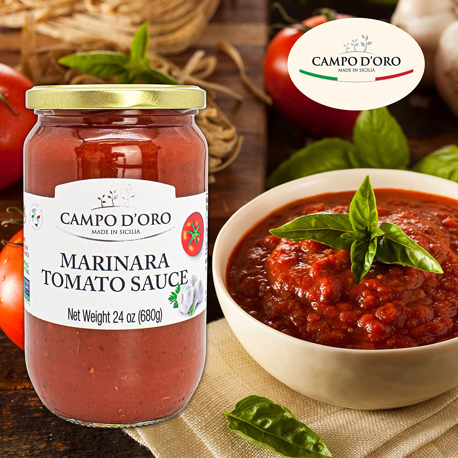 Campo D’Oro, Marinara Tomato Sauce, Glass Jar 24oz.
