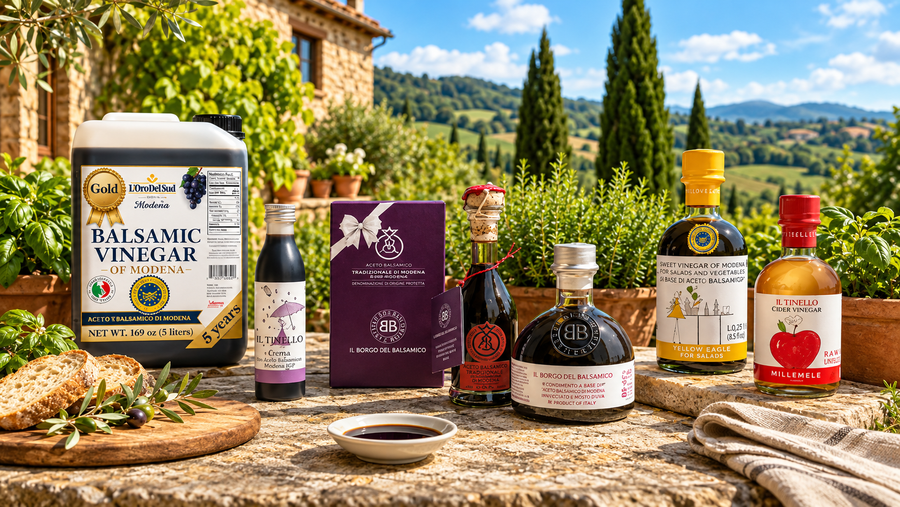 Assortment of Italian balsamic vinegars displayed in a Tuscan countryside setting
