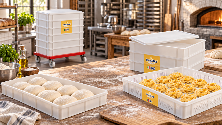 Commercial dough proofing boxes, pasta drying trays and a rolling bakery cart.
