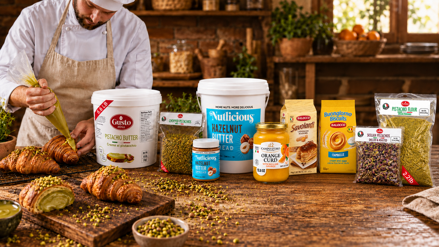 Baker preparing pistachio croissants with Italian baking ingredients, spreads and biscuit