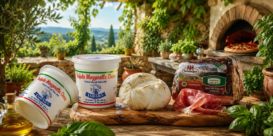Buffalo mozzarella cheese and Italian prosciutto displayed in a rustic outdoor kitchen.