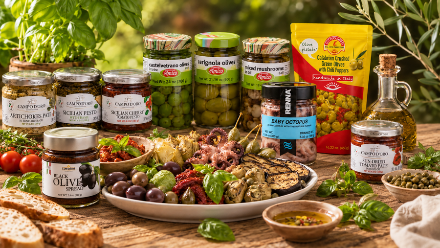 Italian appetizers with olives, baby octopus, pesto, vegetable spreads and grilled antipasti