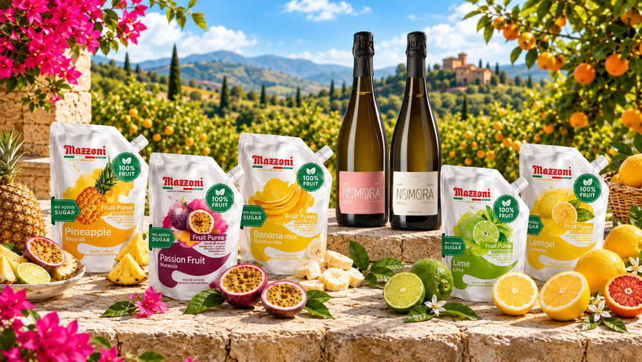 Mazzoni fruit purees and NOMORA non-alcoholic sparkling wines in an Italian orchard.