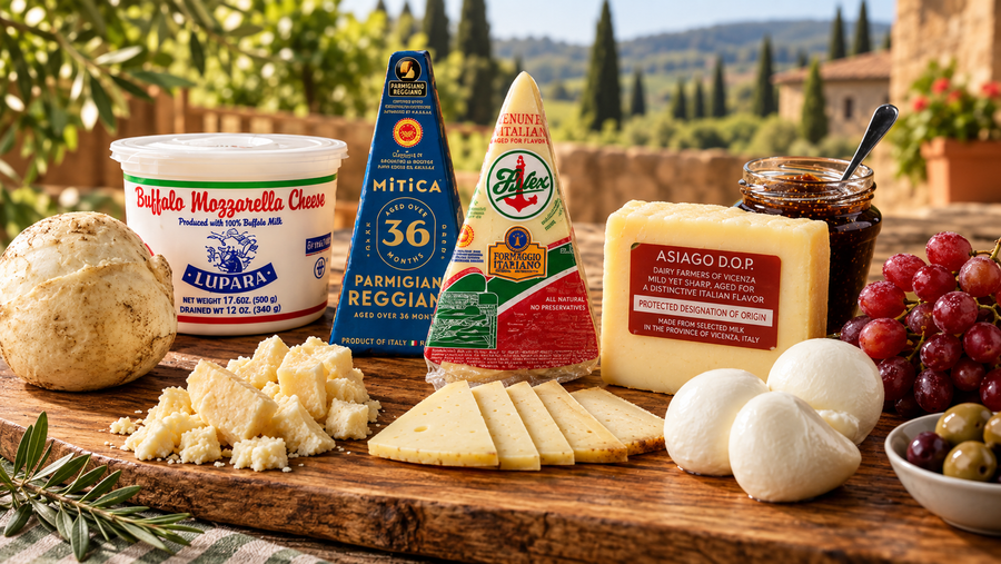 Assortment of Italian cheeses with mozzarella, Parmigiano Reggiano, Asiago, grapes and olives.