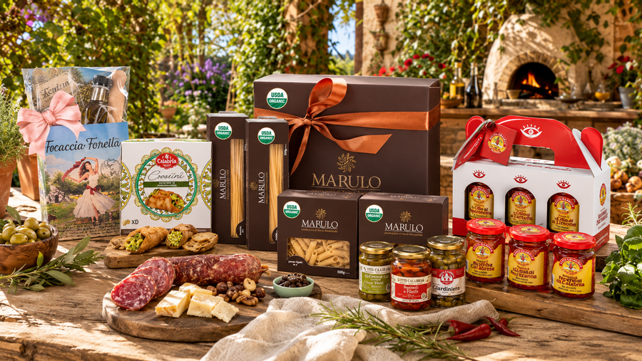 Italian gourmet gift sets with Marulo organic pasta, antipasti, charcuterie and cheese.