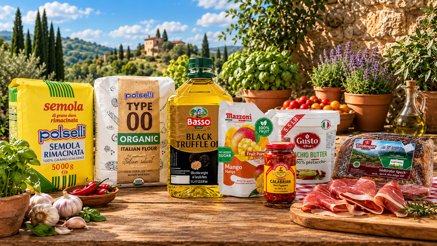 Italian specialty foods including flour, truffle oil, mango puree, pistachio butter and cured meat.