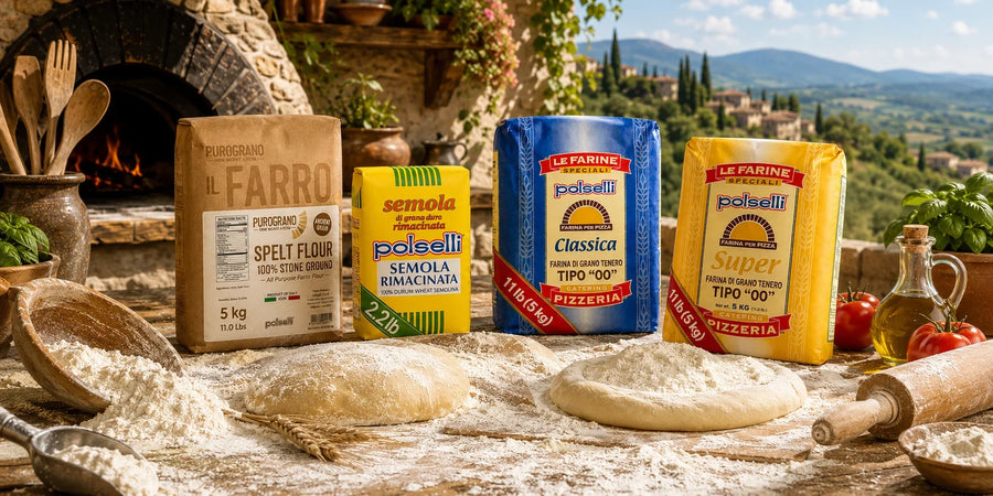Polselli Italian spelt, semolina and Tipo 00 flours displayed with fresh pizza dough.