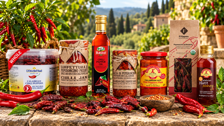 Italian chili pepper products including spicy jams, pepper oil, hot pepper pâté and hot honey.