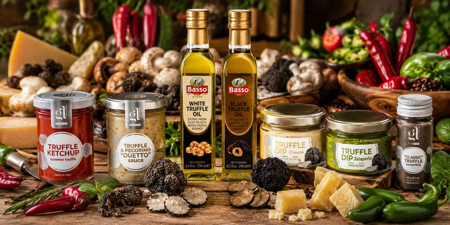 Italian truffle oils, ketchup, Pecorino sauce and savory truffle dips with fresh truffles.