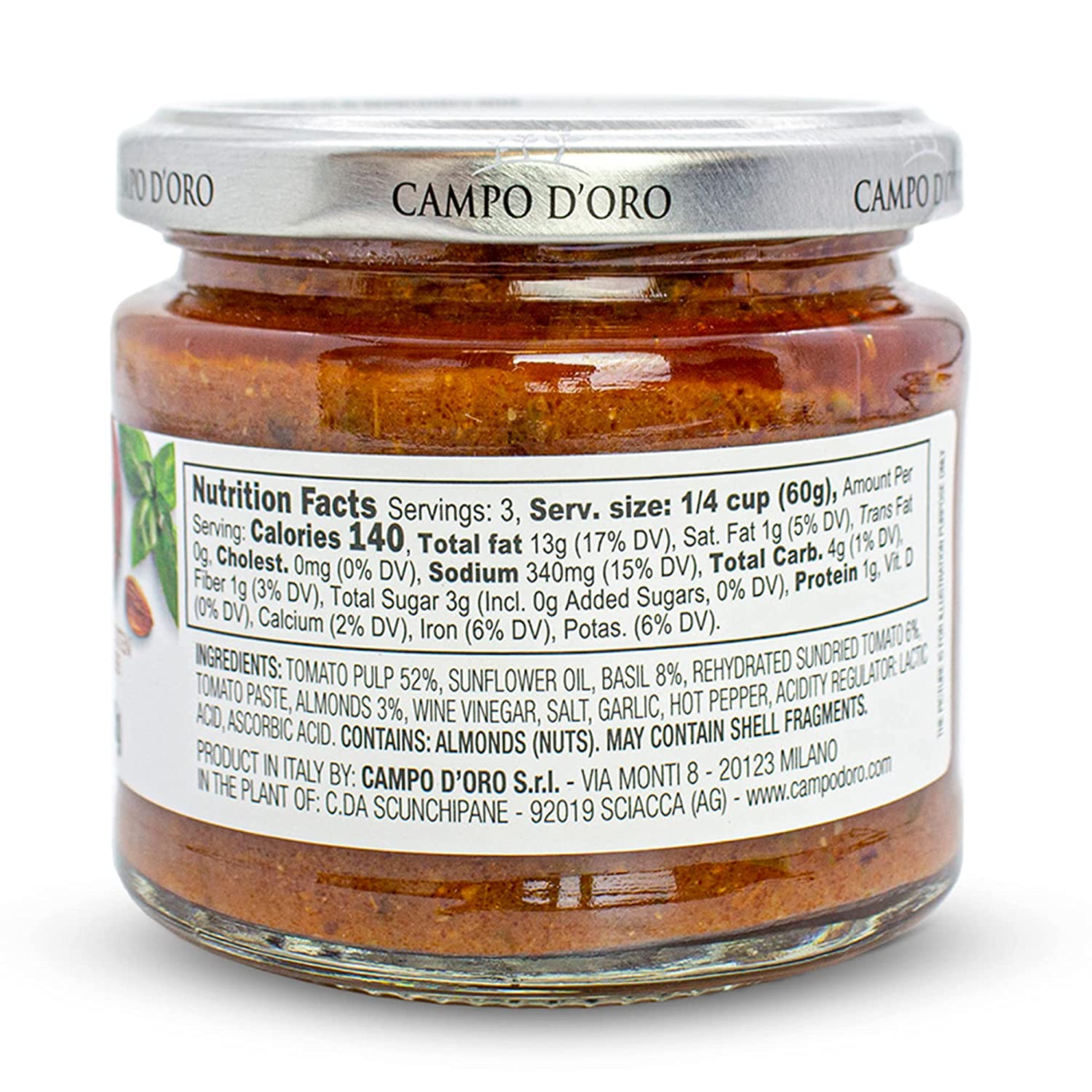 Campo D'Oro, Trapanese Pesto Sauce, made with Tomato Sauce, Basil & Almonds. Italian Specialties.