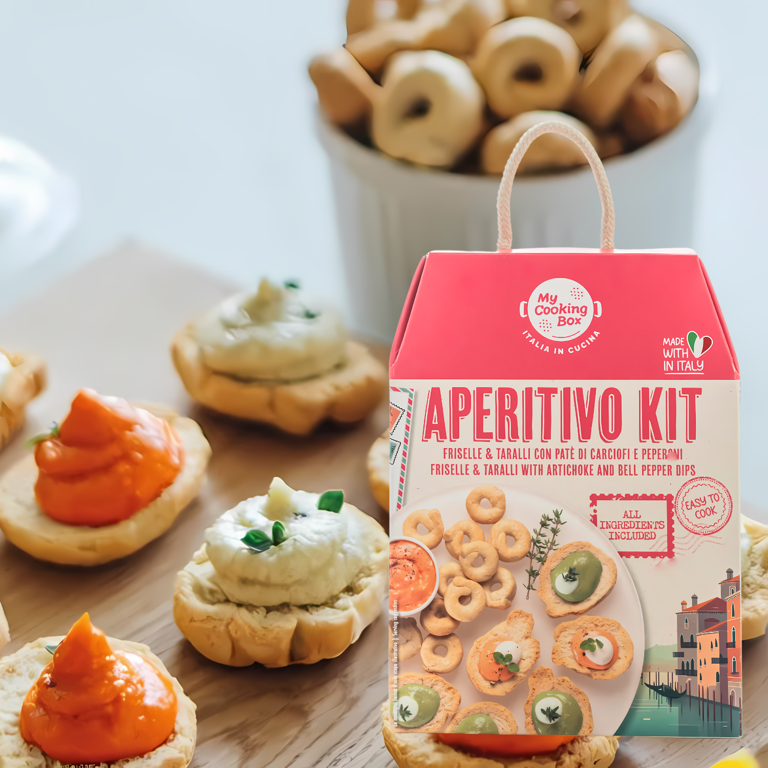 My Cooking Box - Aperitivo Kit Freiselle & Taralli with Artichoke and Pepper Dips - Authentic Italian Appetizer Kit - Serves 2/3