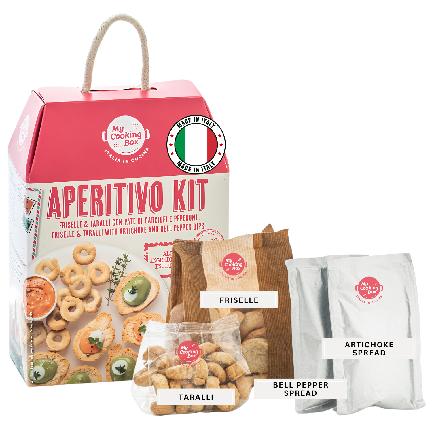 My Cooking Box - Aperitivo Kit Freiselle & Taralli with Artichoke and Pepper Dips - Authentic Italian Appetizer Kit - Serves 2/3