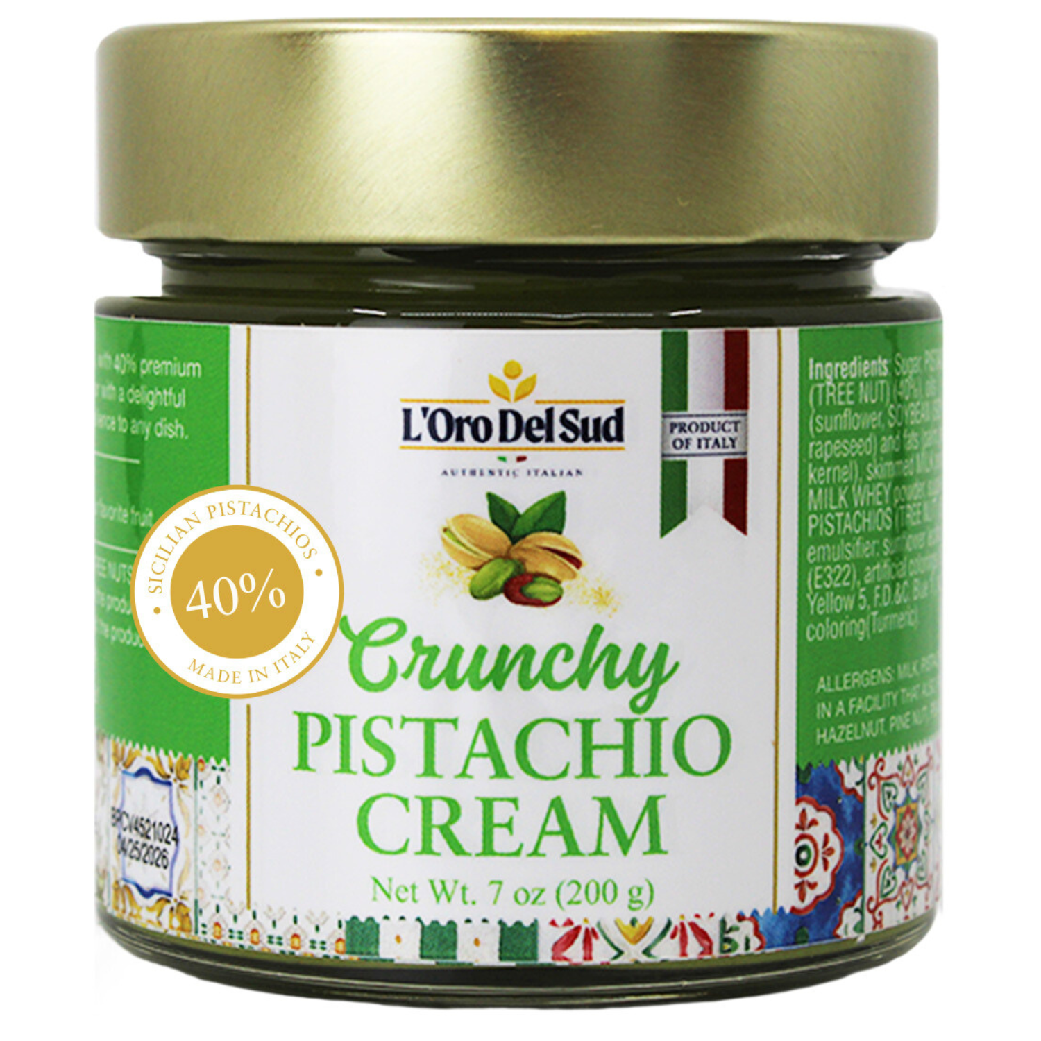 L’Oro Del Sud Crunchy Pistachio Cream – Premium 40% Sicilian Pistachio Spread, 7 oz (200g), Sweet Pistachio Butter