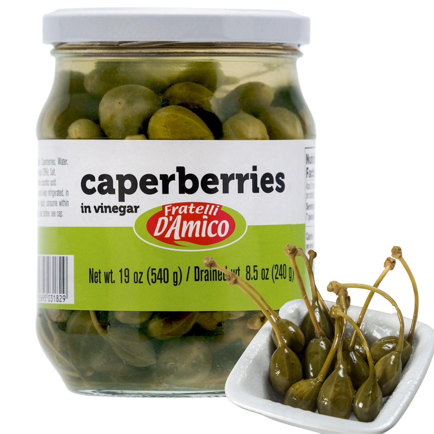 Fratelli D'Amico, Caperberries, Pickled, Capers, Family Size, 19oz (540g), NON-GMO, Fratelli D'Amico, Product of Italy.