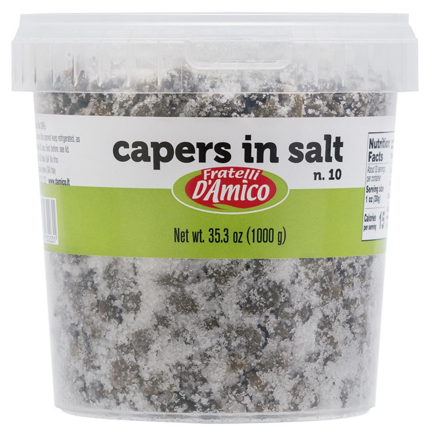Fratelli D'Amico, Capers in Salt, Size #10, Net wt. 35.3oz (1000g), Italian Salted Capers, Caperi, NON-GMO, Product of Italy.