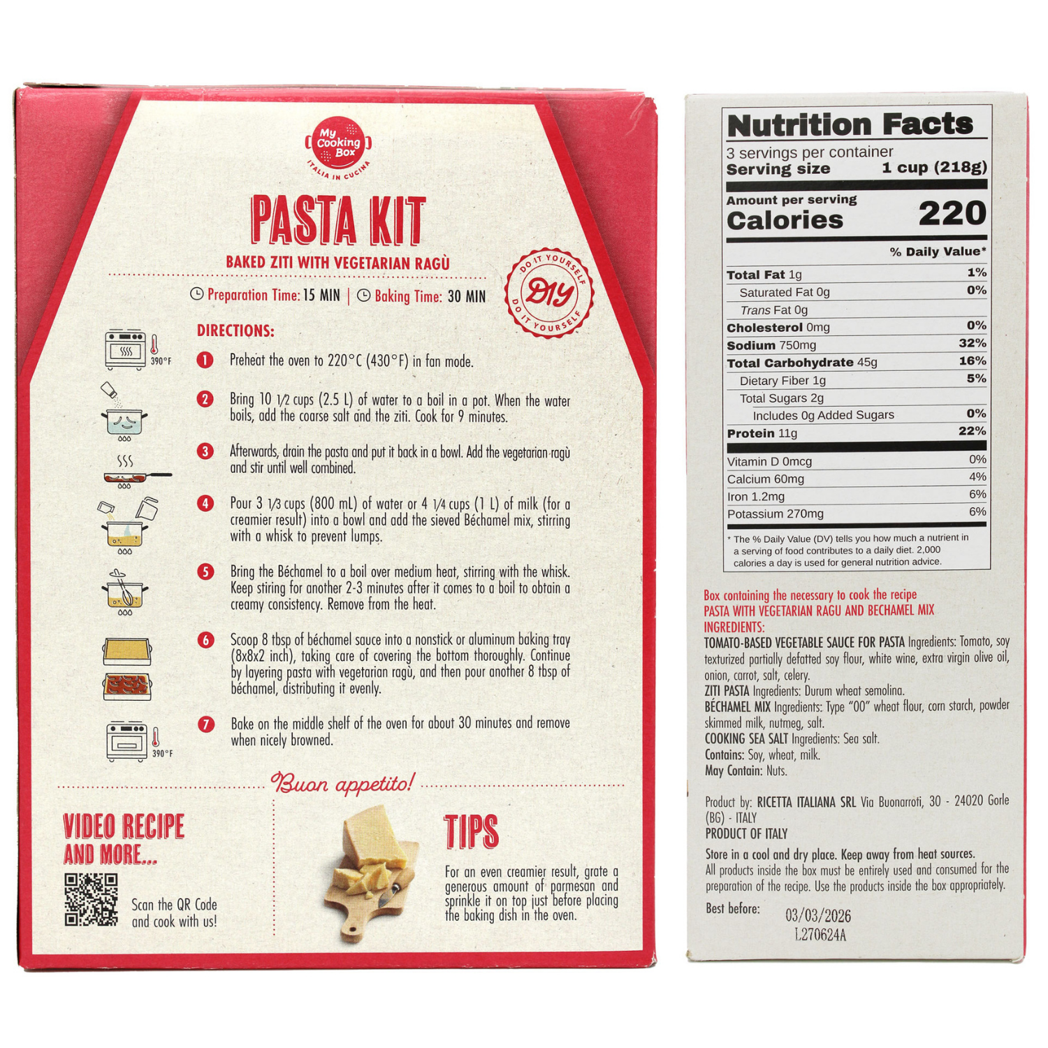 Pasta Meal Kit, Baked Ziti Pasta Kit, Gourmet Dinner Recipe, Authentic Italian, Pre-Portioned for 2-3 Servings, My Cooking Box