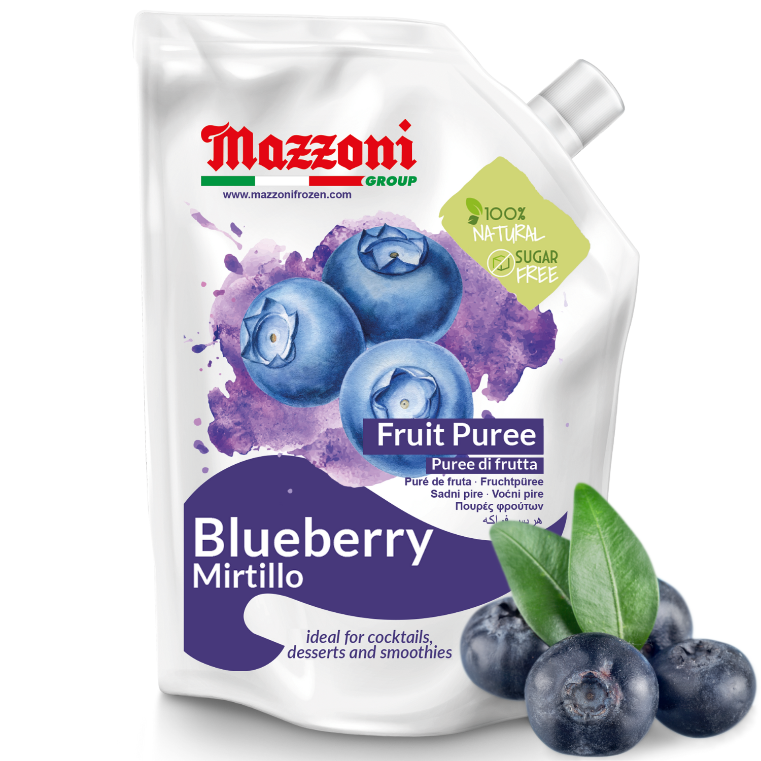 Mazzoni, Blueberry Puree, 100% Pure Blueberries, Just Fruit, No Sugar Added 2.2 lb pouch