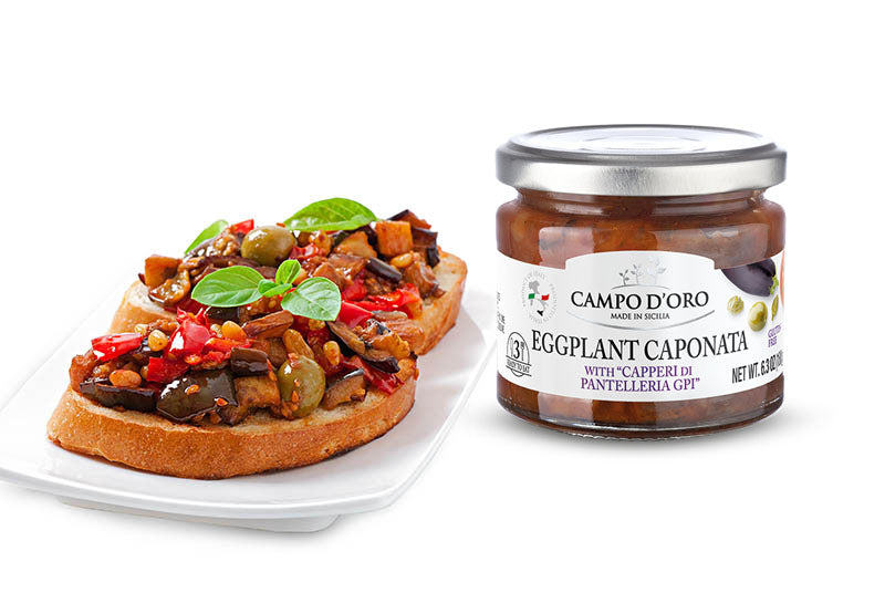Campo D'Oro, Sicilian Eggplant Caponata, Glass, Jar 6.3 oz. Sicilian recipe for antipasto, appetizer, side dish or pasta with Eggplant