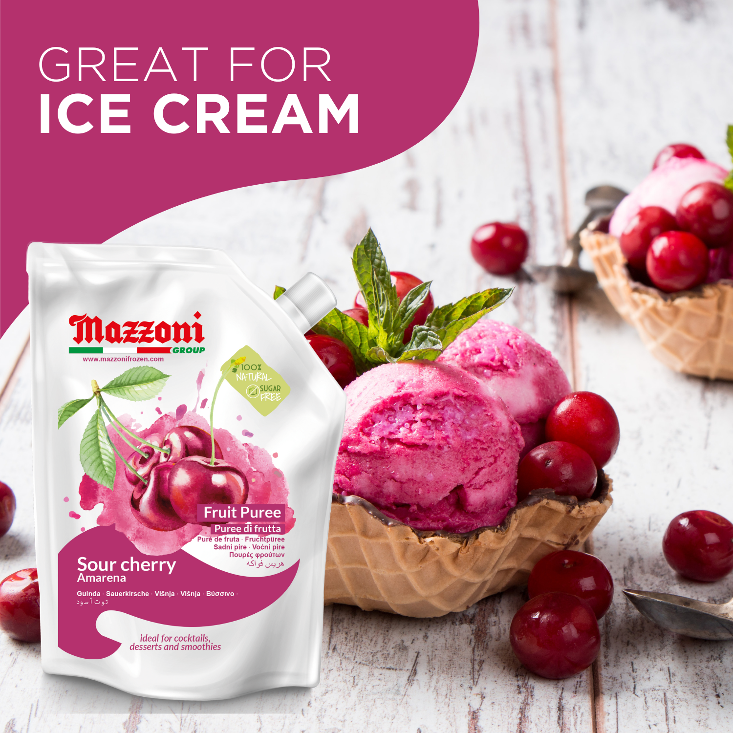 Mazzoni, Sour Cherry Puree, 100% Pure Sour Cherry, Just Fruit, No Sugar Added, 2.2 lb