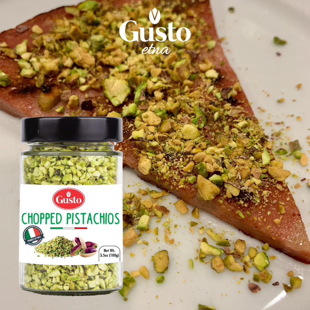 Gusto ETNA Pistachios Chopped - 3.5 oz (100 g), Italian Raw Pistachio Halves Imported by Manzo Food Sales