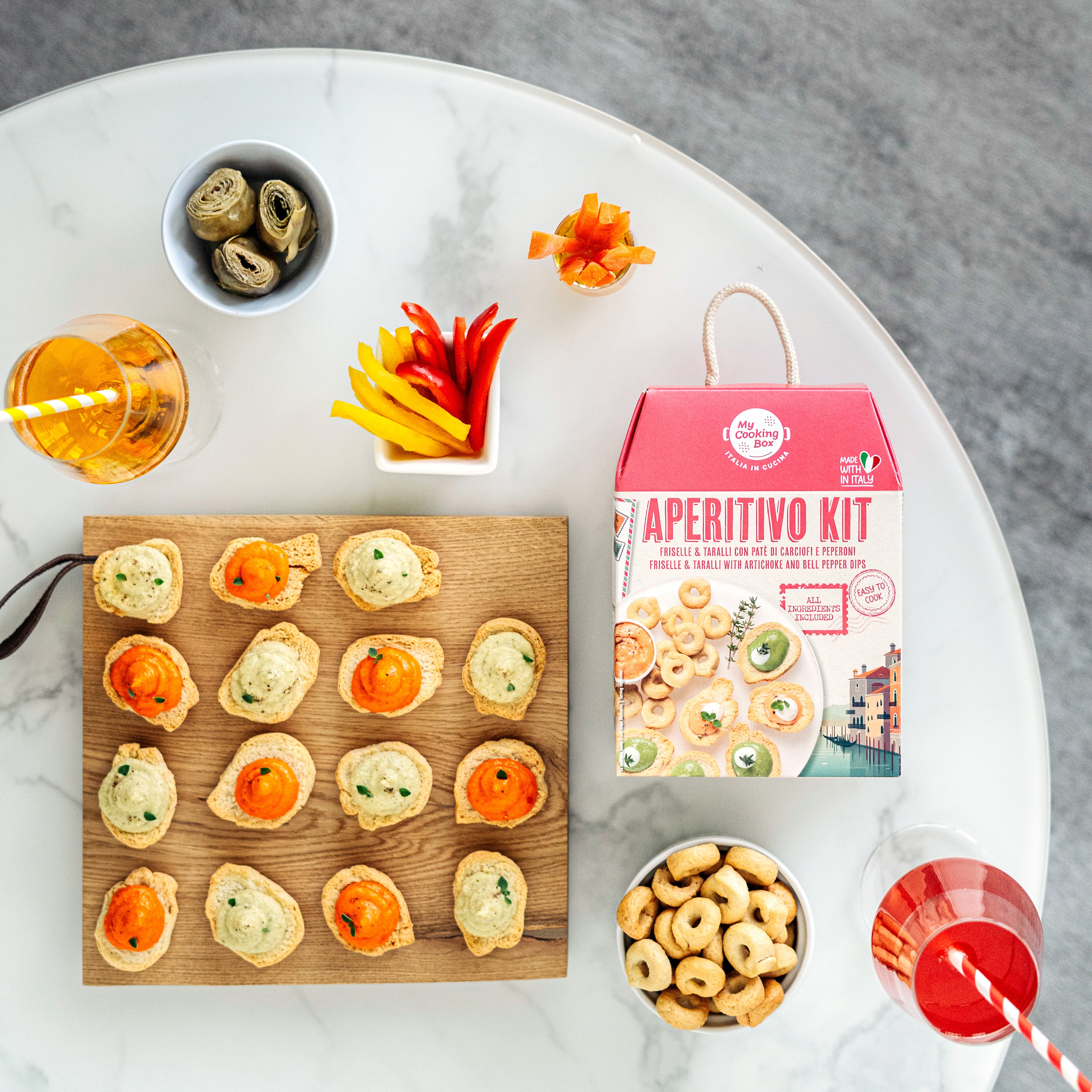 My Cooking Box - Aperitivo Kit Freiselle & Taralli with Artichoke and Pepper Dips - Authentic Italian Appetizer Kit - Serves 2/3