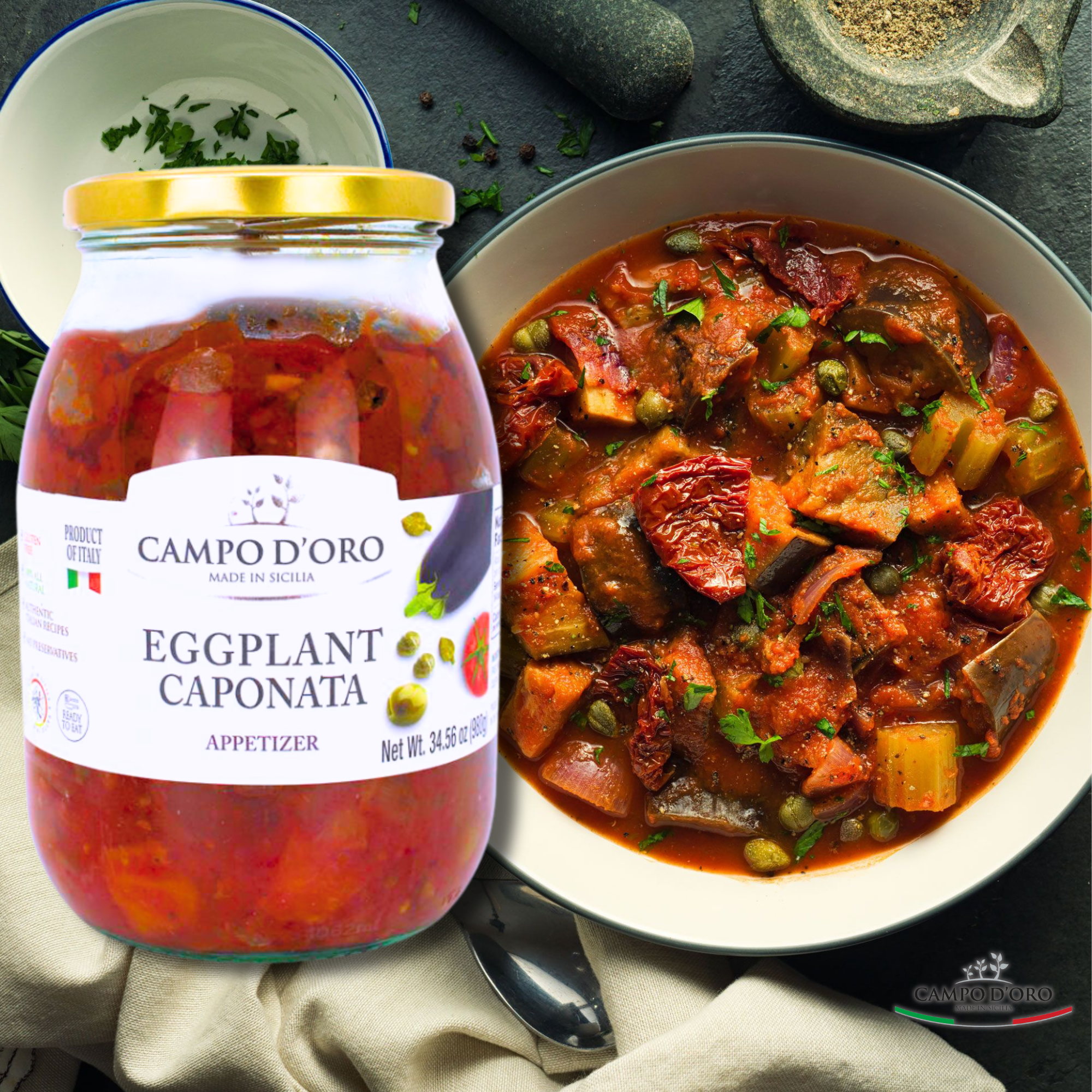 Campo D'Oro, Sicilian Eggplant Caponata, Appetizer, Big Jar 34.5 oz(978gr)