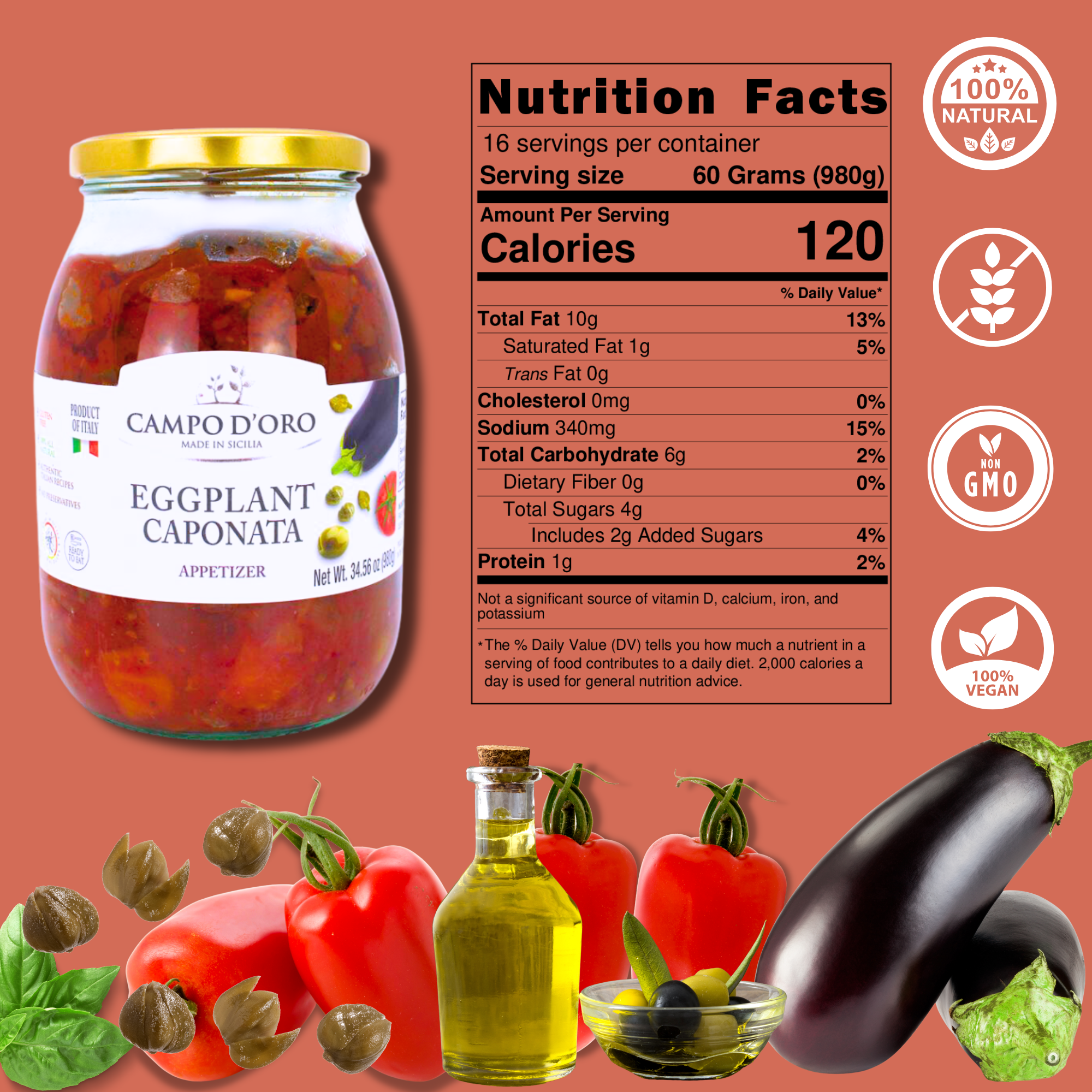 Campo D'Oro, Sicilian Eggplant Caponata, Appetizer, Big Jar 34.5 oz(978gr)
