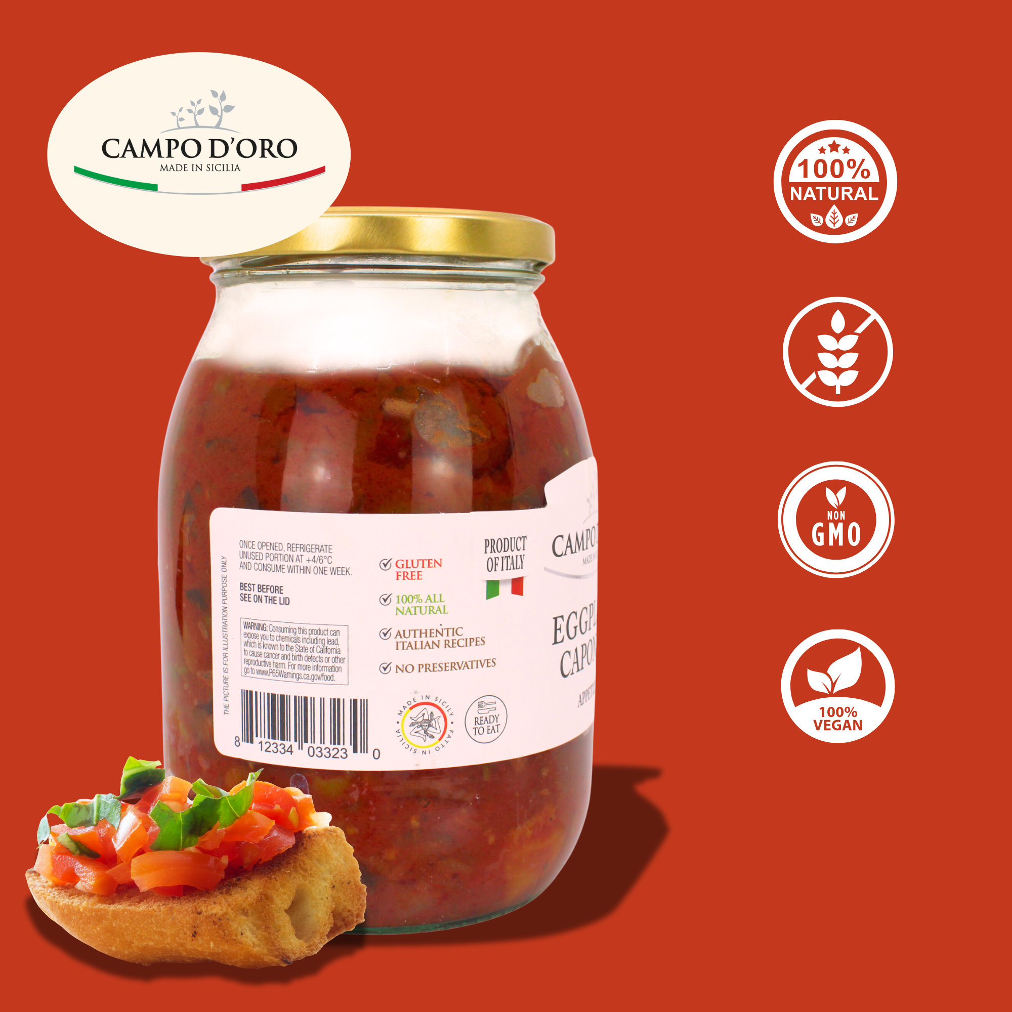 Campo D'Oro, Sicilian Eggplant Caponata, Appetizer, Big Jar 34.5 oz(978gr)