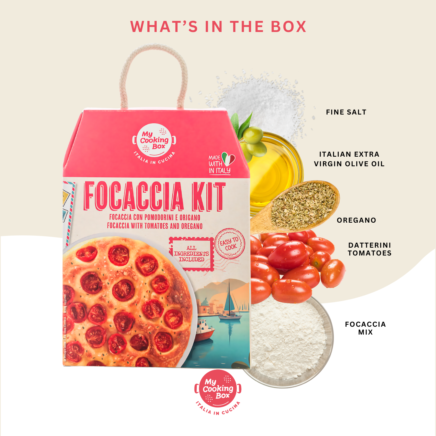 My Cooking Box - Focaccia Mix Kit - Authentic Focaccia Barese with Tomatoes - Gourmet Italian Dinner Kit - Serves 2/3