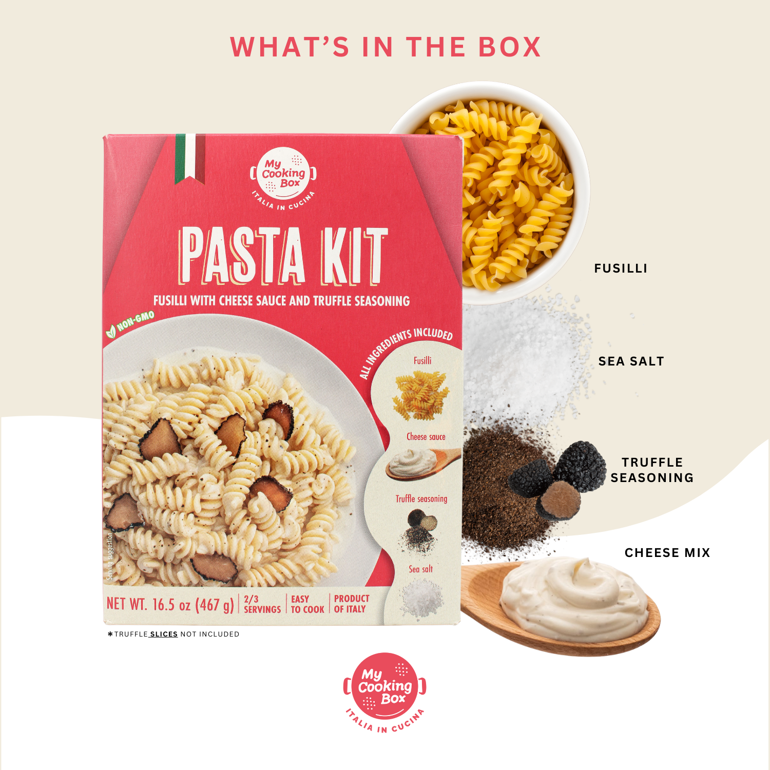 Gourmet Pasta Dinner Meal Kit – Fusilli with Cheese & Truffle Sauce, 16.5 oz (467g) Product of Italy – 2 to 3 Servings – My Cooking Box