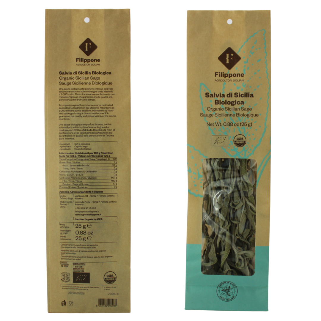 Filippone® Organic Dried Sage Bunch 25g (0.88oz) Fragrant Italian Sage Branches with Intense Aroma,