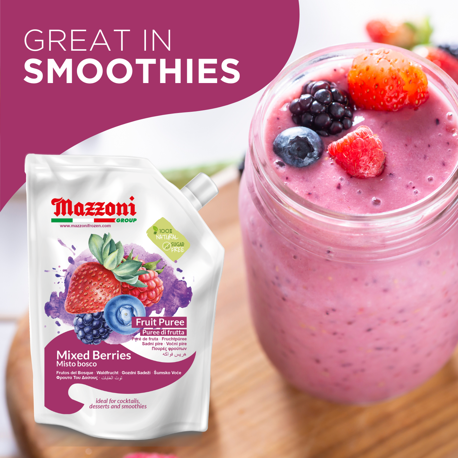 Mazzoni, Forest Berries Puree, 100% Pure Forest Berries, Just Fruit, No Sugar Added