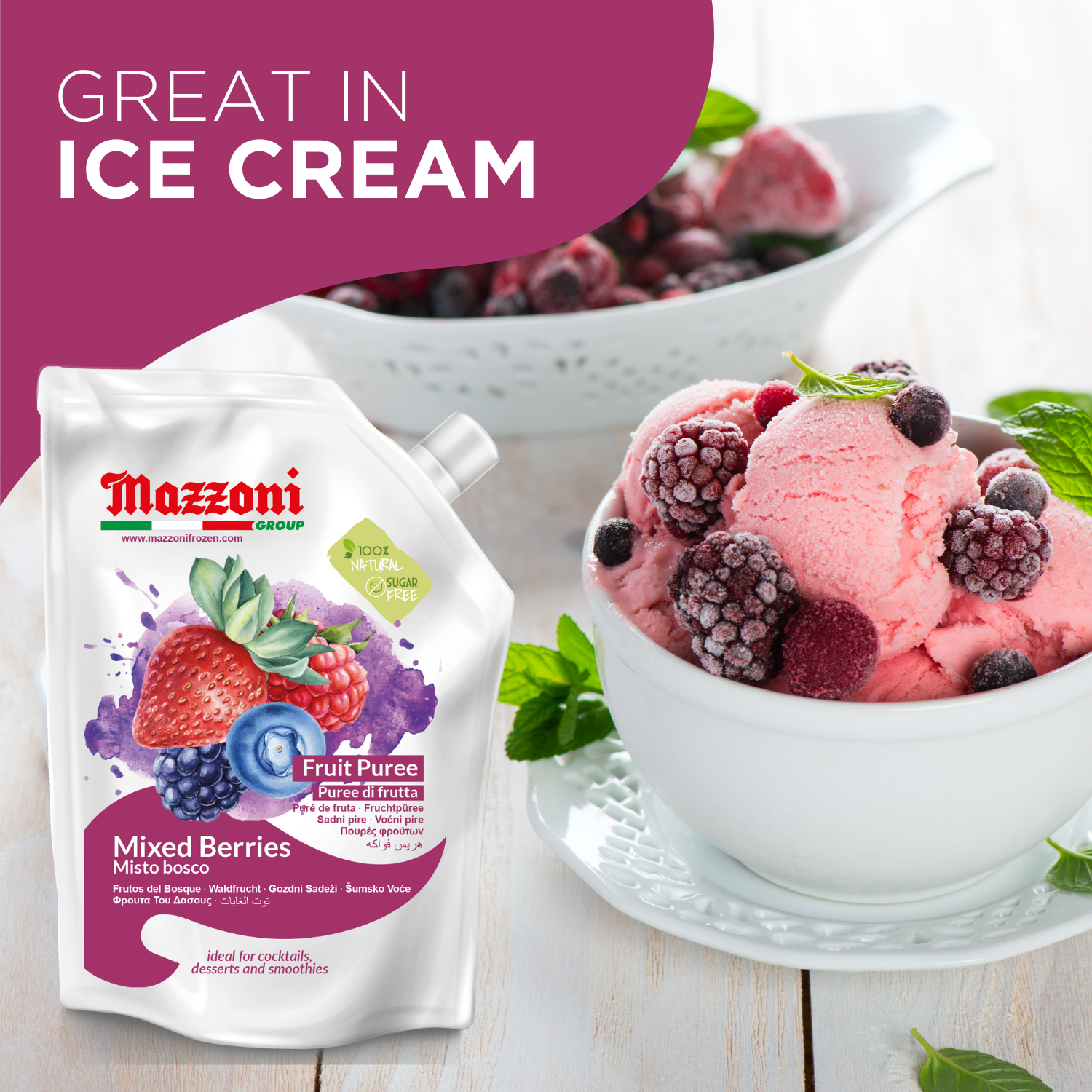 Mazzoni, Forest Berries Puree, 100% Pure Forest Berries, Just Fruit, No Sugar Added