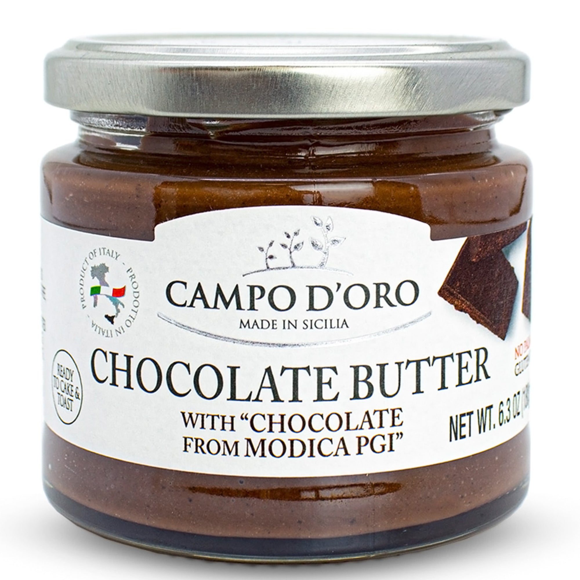 Premium Chocolate Spread, DOP Certified Modica Chocolate, Creamy, Buttery, No Palm Oil, from Sicily, Italy, 6.35oz, Campo D'Oro