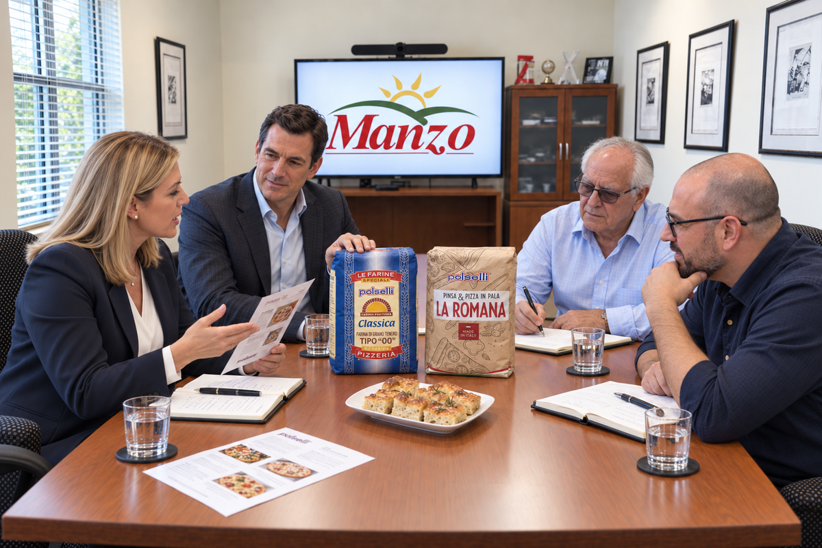 Four people seated around a wooden conference table in an office, with two standing behind the table. On the table are printed papers, glasses of water, a tray of small pastries, a blue bag labeled 'Manzo', and a brown paper bag labeled 'LA ROMANA'.