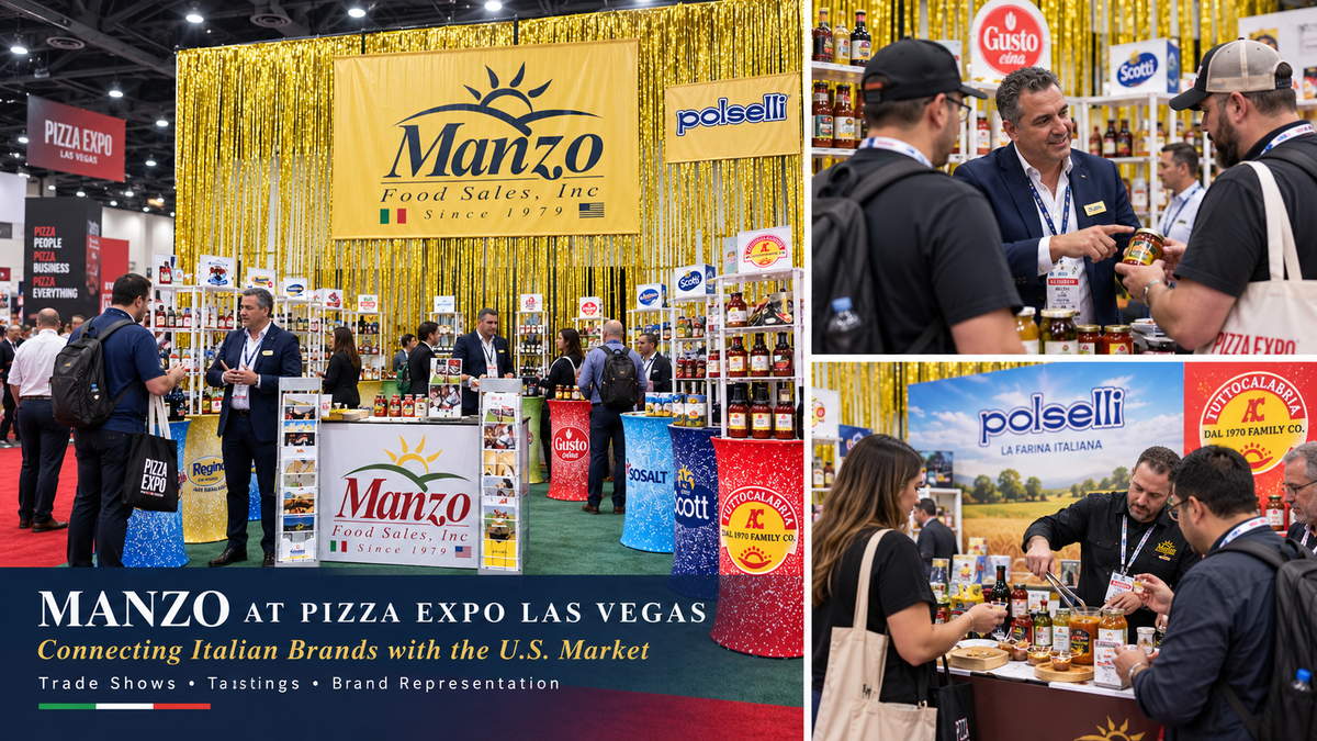 A three-panel collage showing Manzo Food Sales Inc. at Pizza Expo Las Vegas.