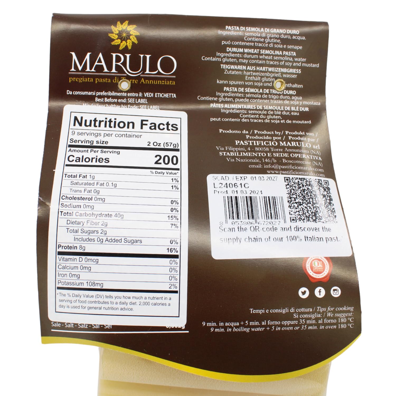 Marulo, Cannelloni, Artisan Italian Pasta, Bronze Die Cut, 1.1 lb (500g)