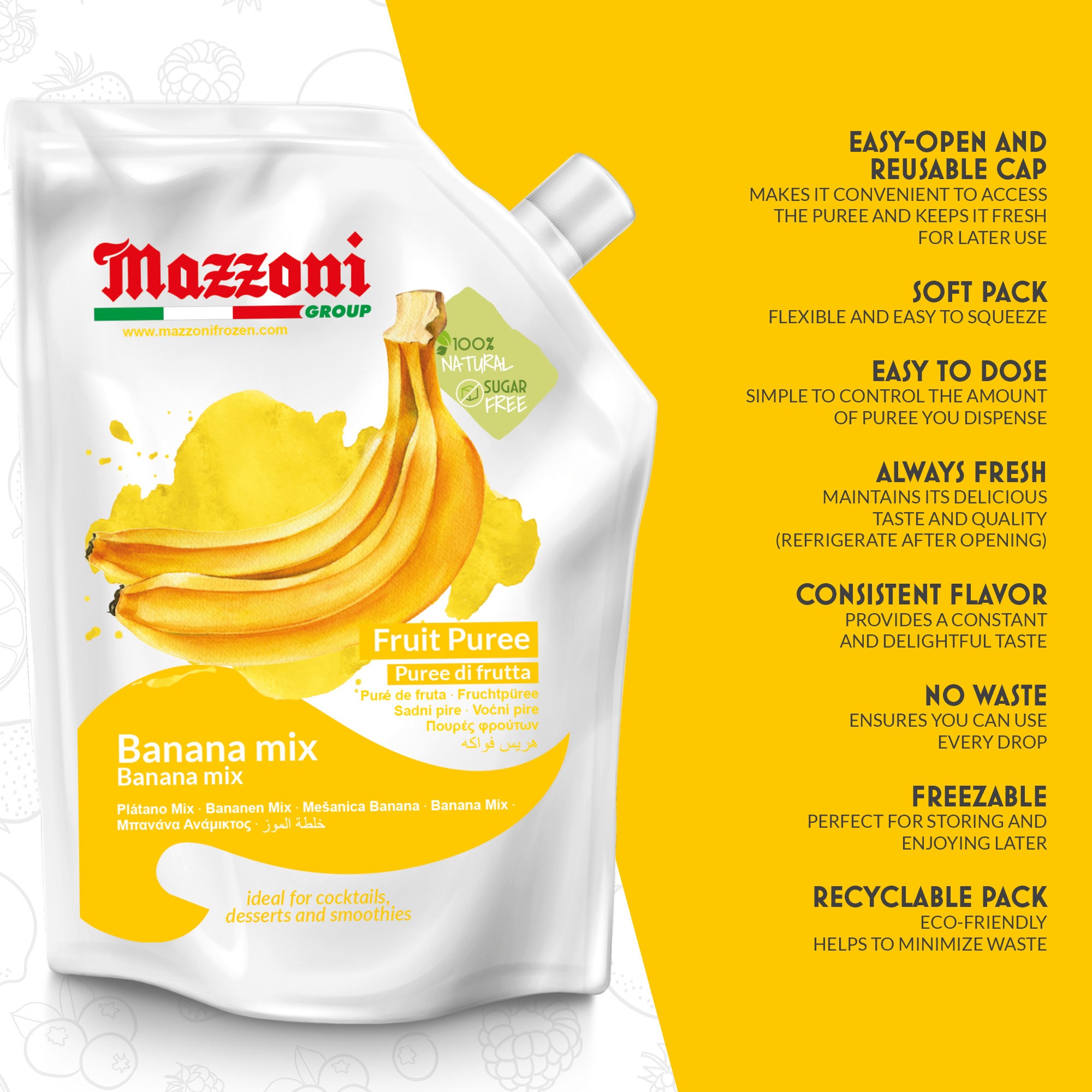 Mazzoni, Banana Mix Puree, 100% Pure Banana Mix, Just Fruit, No Sugar Added, 2.2 lb