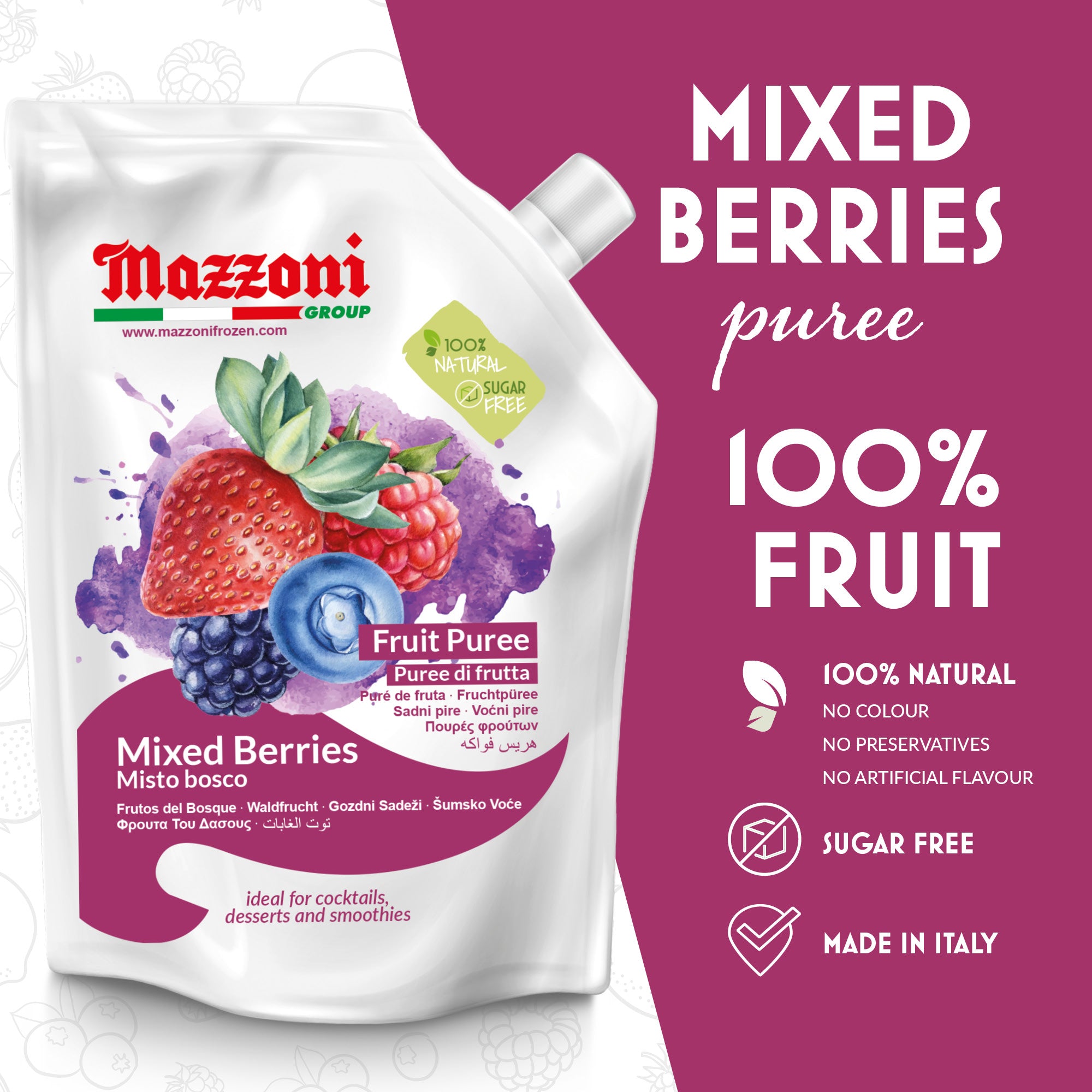 Mazzoni, Forest Berries Puree, 100% Pure Forest Berries, Just Fruit, No Sugar Added