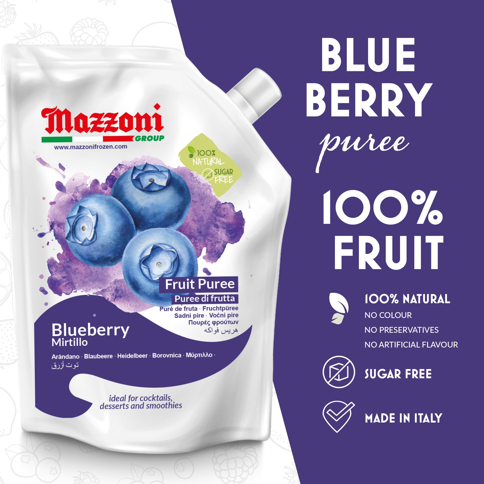 Mazzoni, Blueberry Puree, 100% Pure Blueberries, Just Fruit, No Sugar Added 2.2 lb pouch